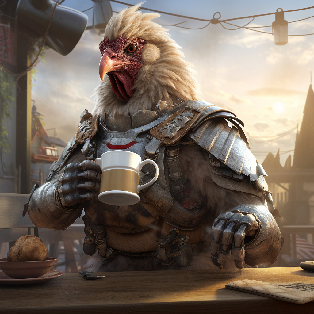 Armored Battle Chicken with Coffee