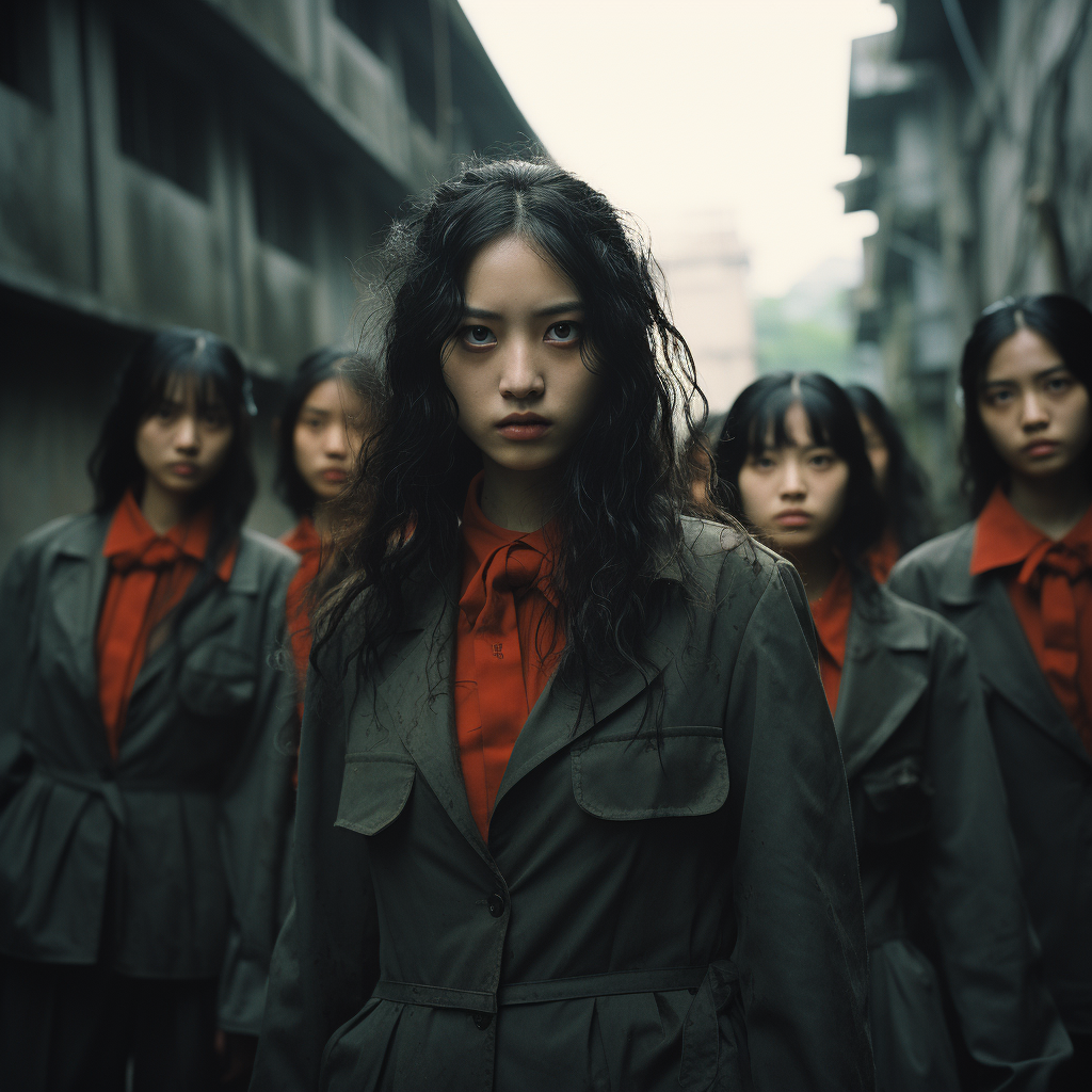 Group of Shanghai schoolgirls on a wall