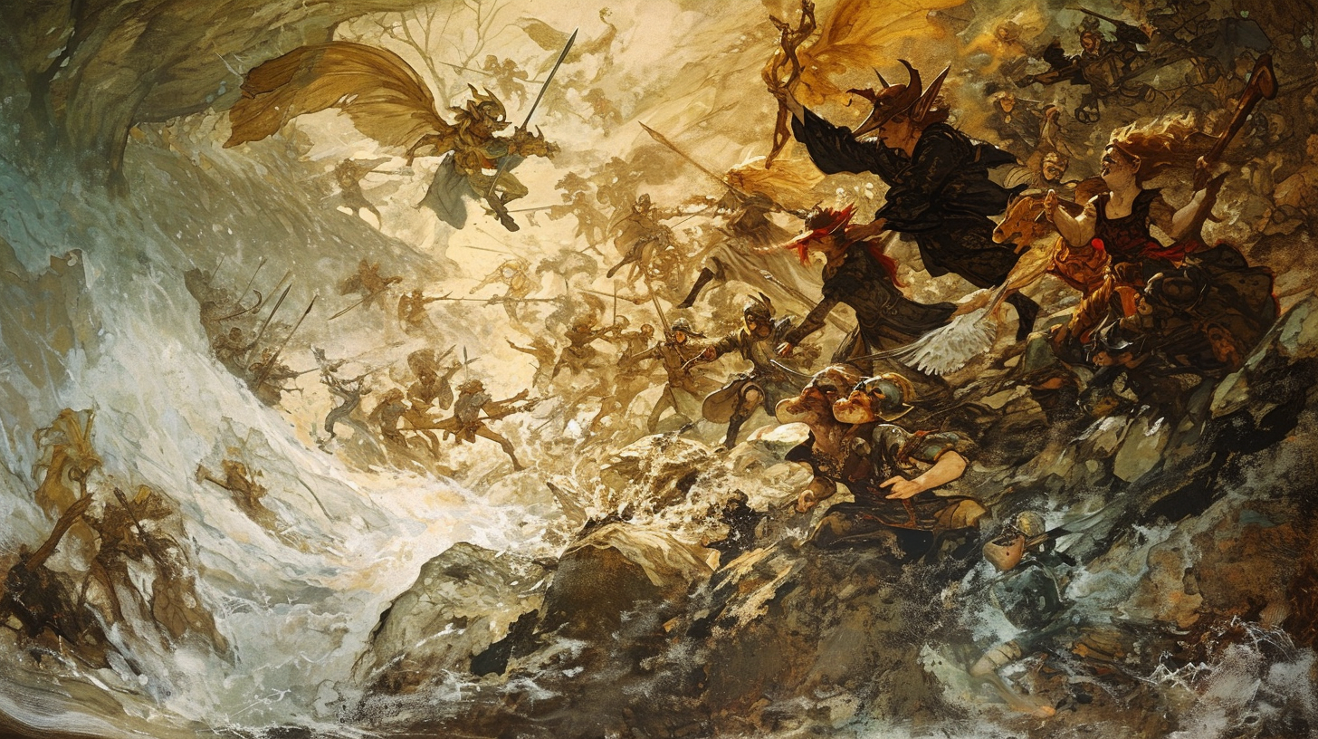 Faerie army battling with witches illustration