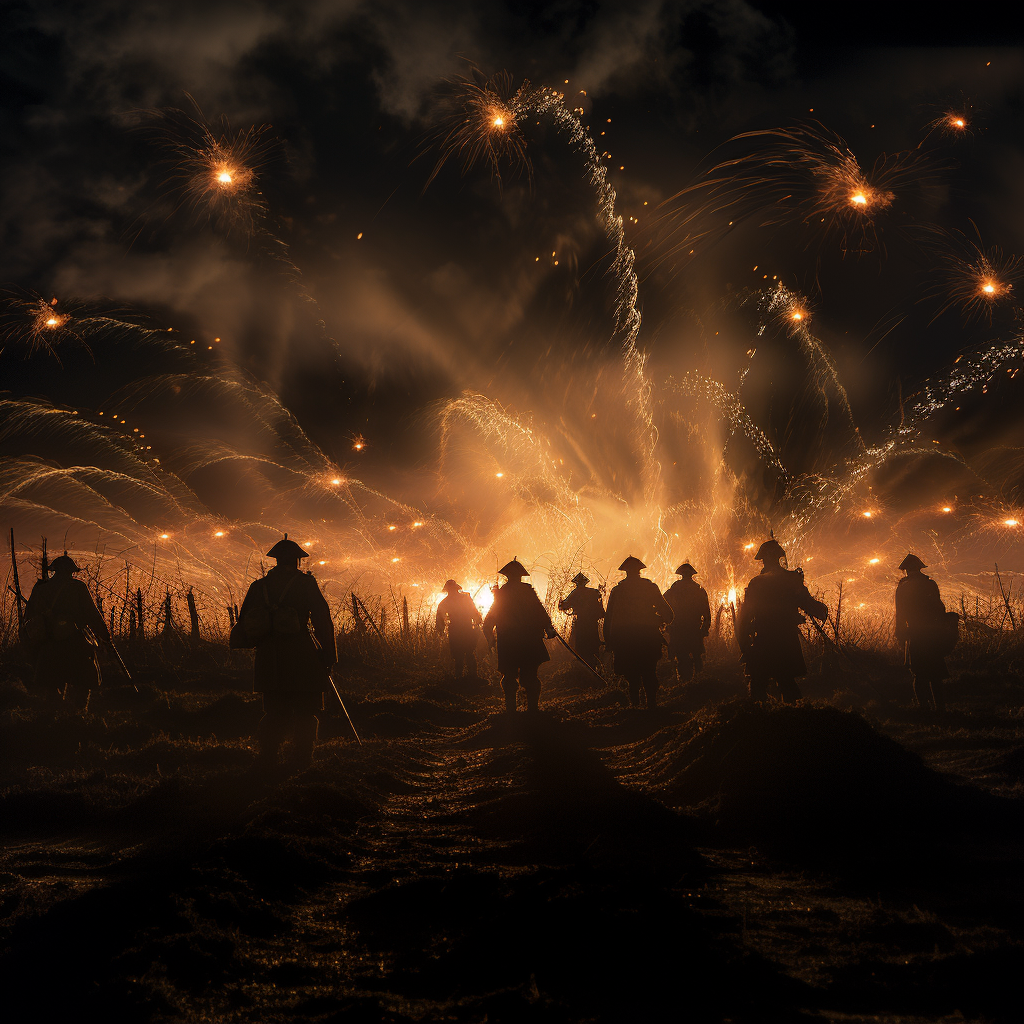 Soldiers under battlefield flare