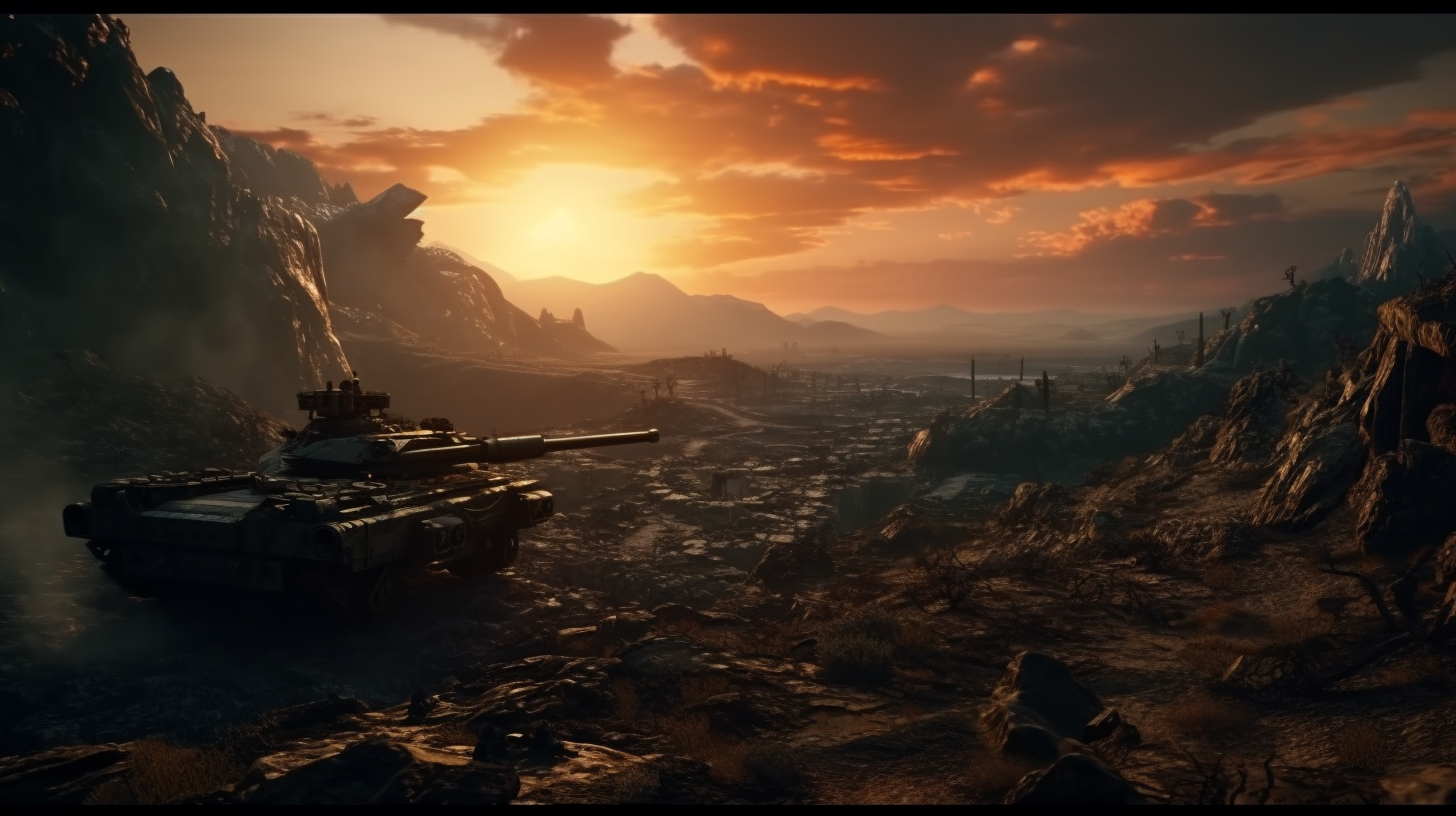 Cinematic still of battlefield tanks on war