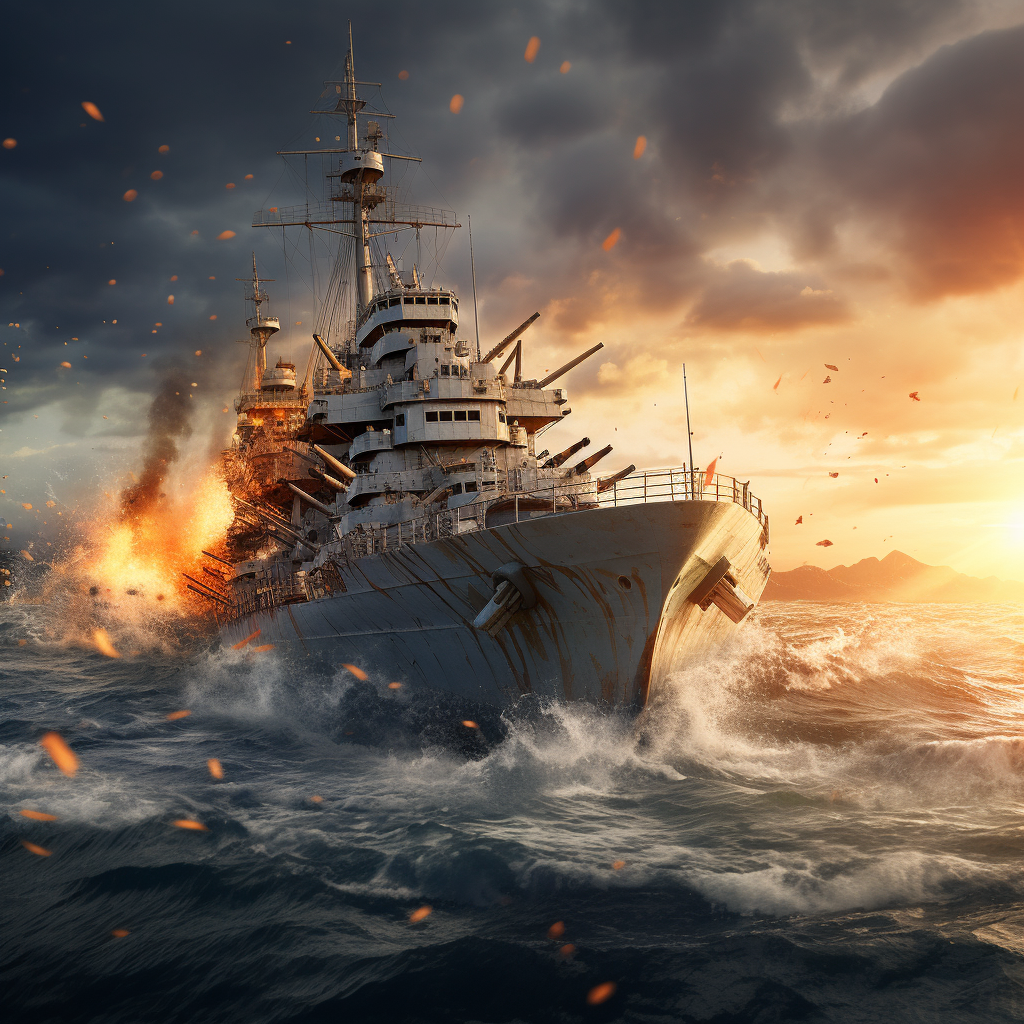 3D rendering of battleship in naval battle