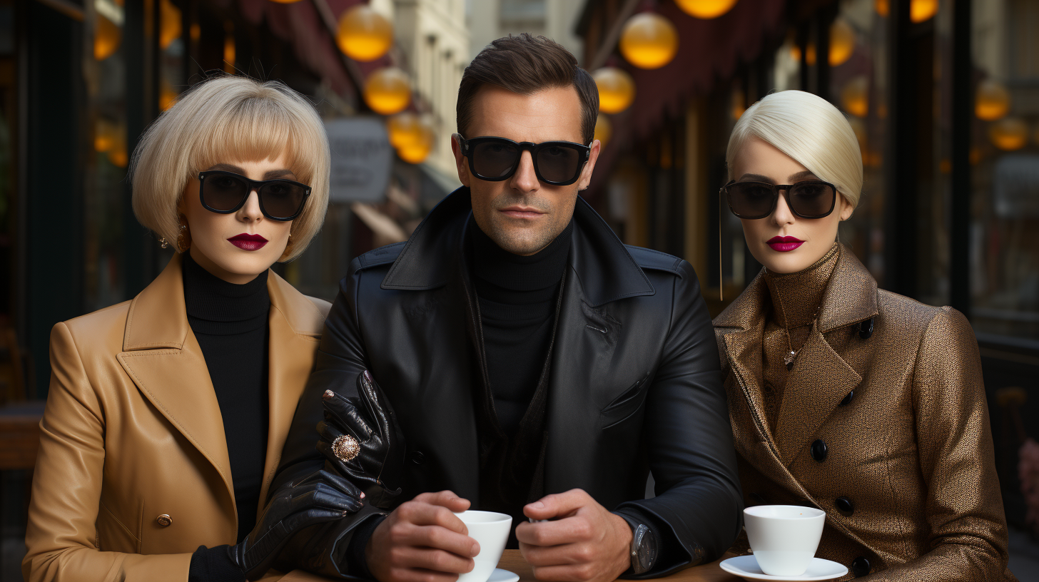 Designer wearing sunglasses with coffee-drinking women