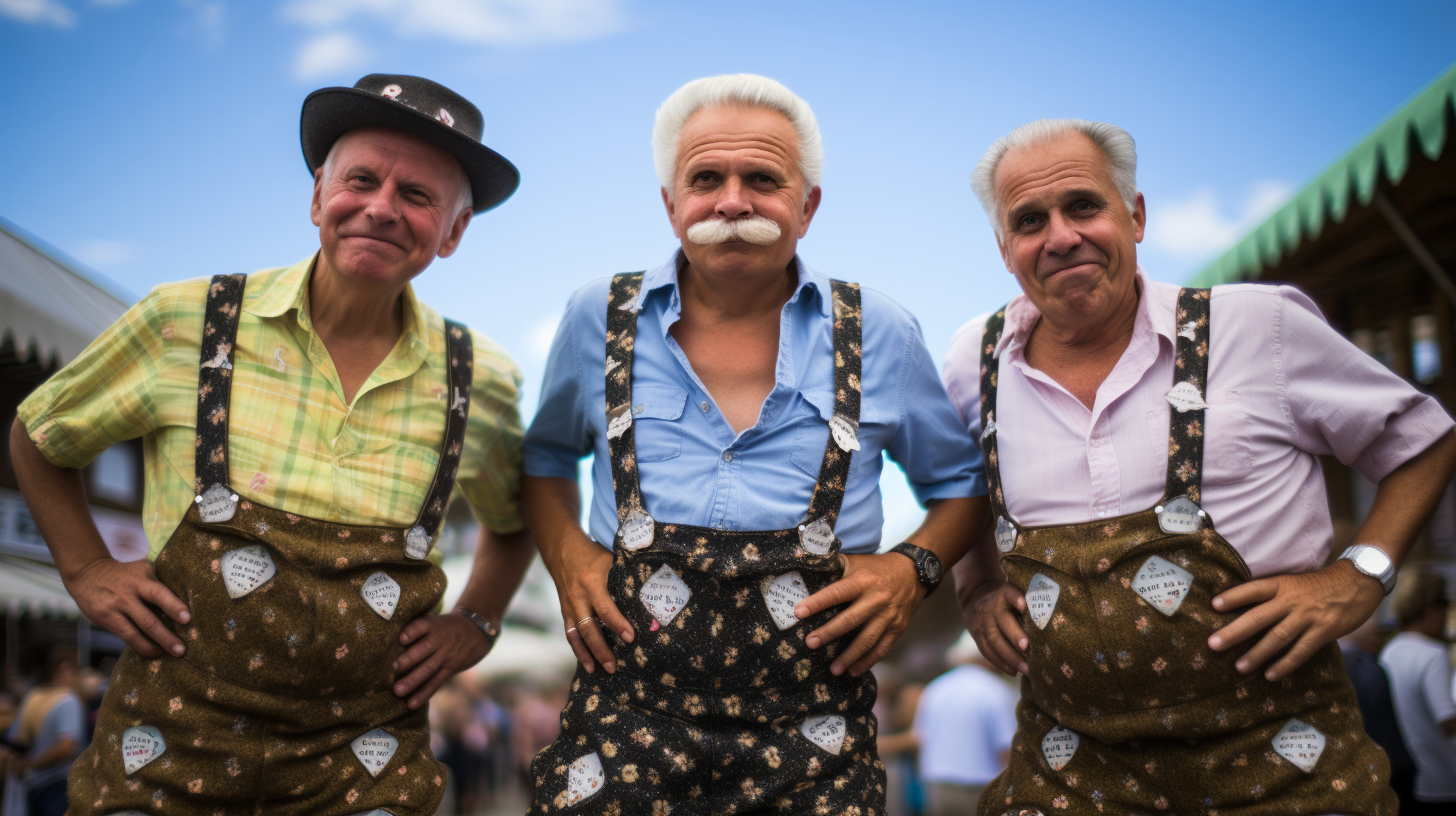 Three Bavarians wearing heart-patterned underpants at Oktoberfest