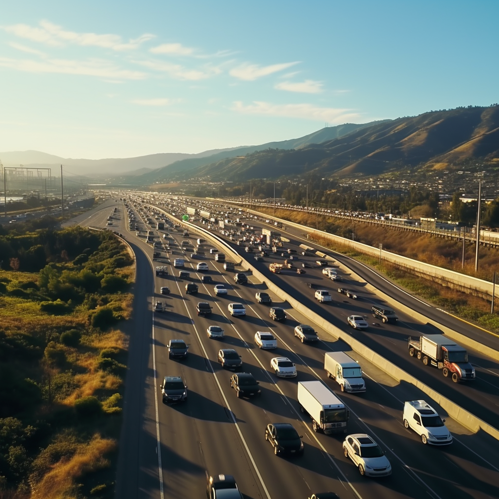 Cinematic drone shot of cars driving towards San Francisco