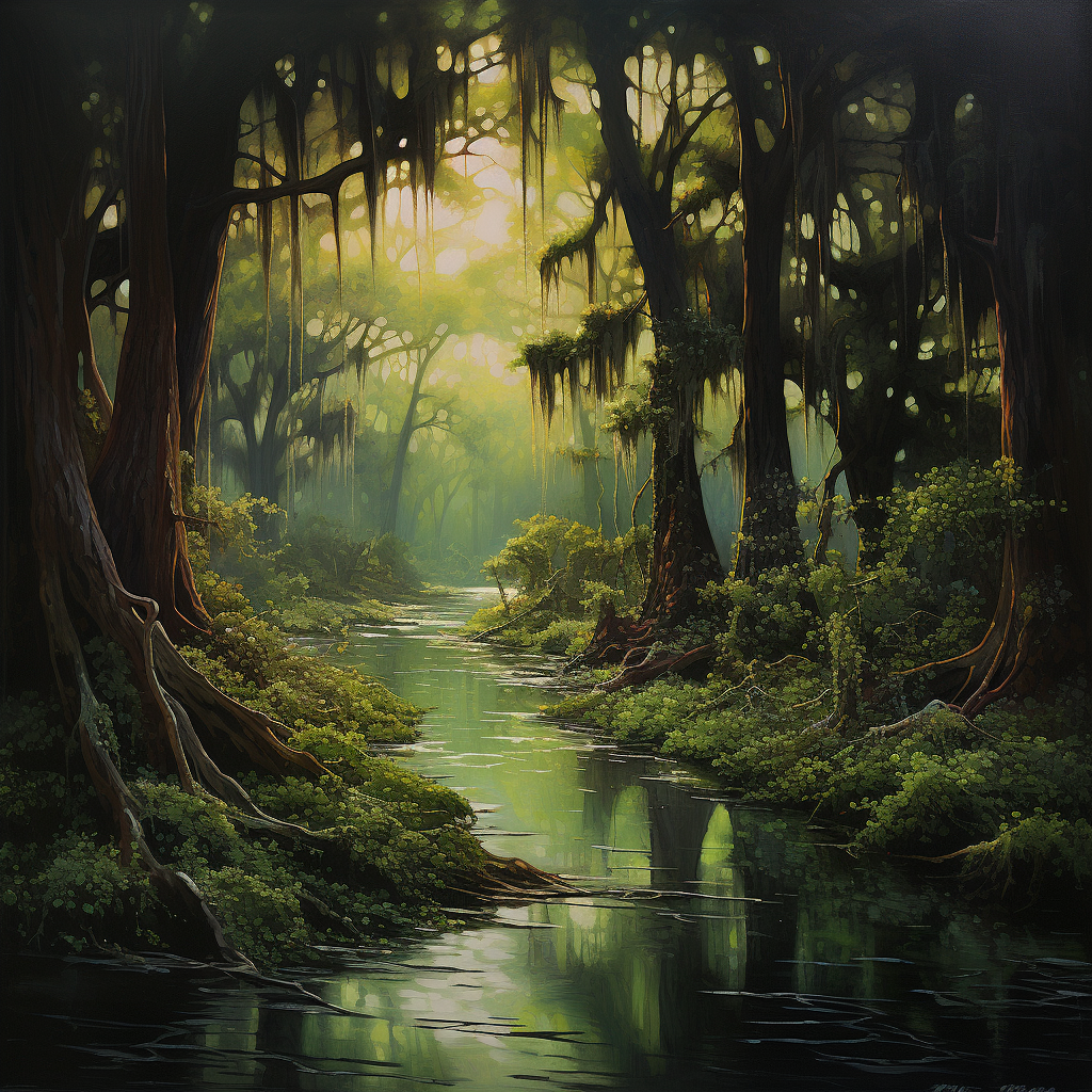 Vibrant bayou landscape with fluorescent tendrils