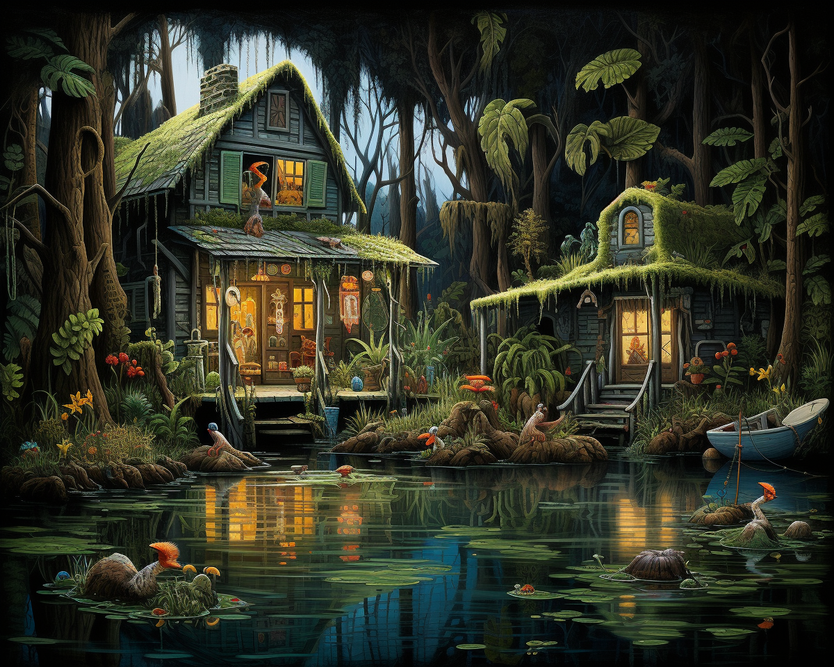 Mythic animal characters in a surreal bayou swamp