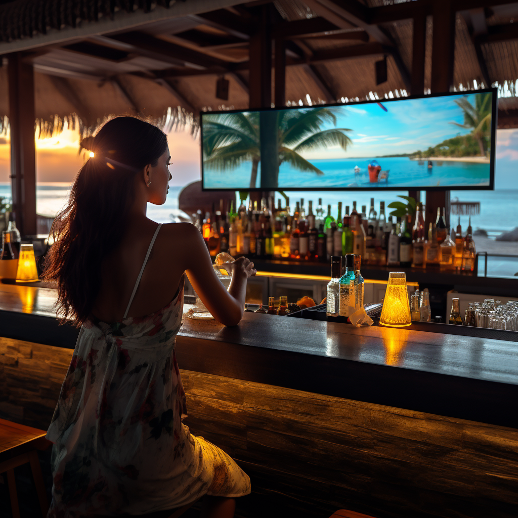 Asian bartender serving tropical drinks