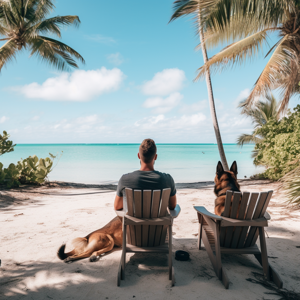 Man with German Shepherd enjoying Bahamas beach view