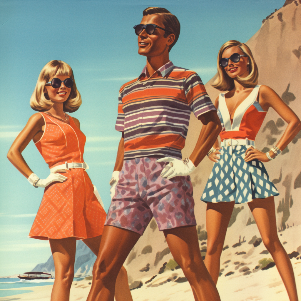 Vintage beach clothing advertisement showcasing summer fashion