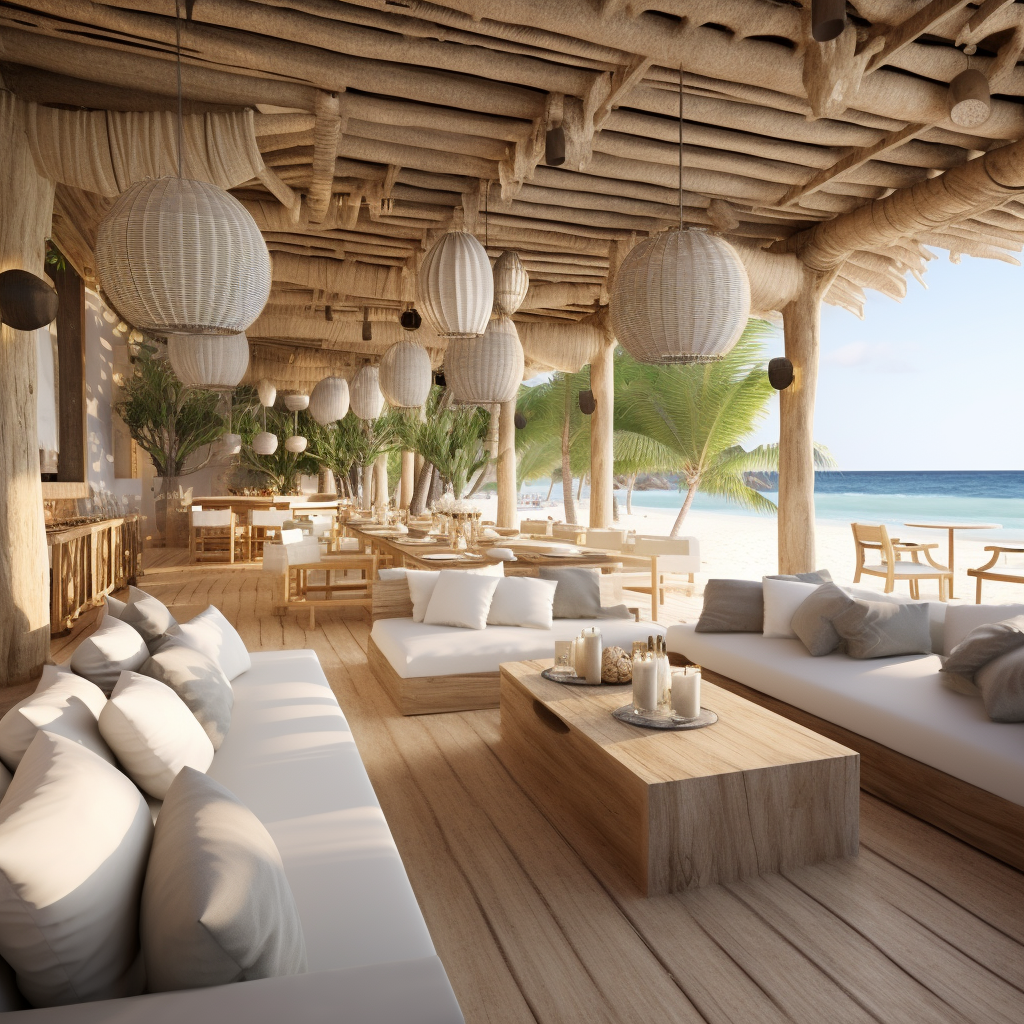 Relaxing beach club with white sofas and ocean view