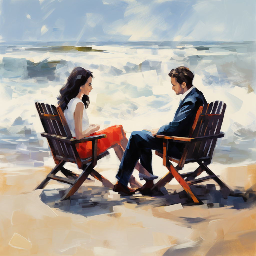 Couple Beach Chairs Water Dark Hair