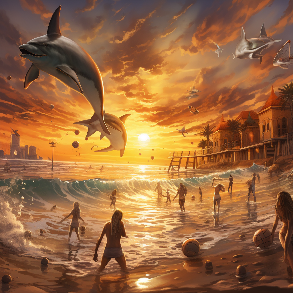 Beach with gold and silver sunset, zombies playing volleyball and dolphins enjoying ice cream