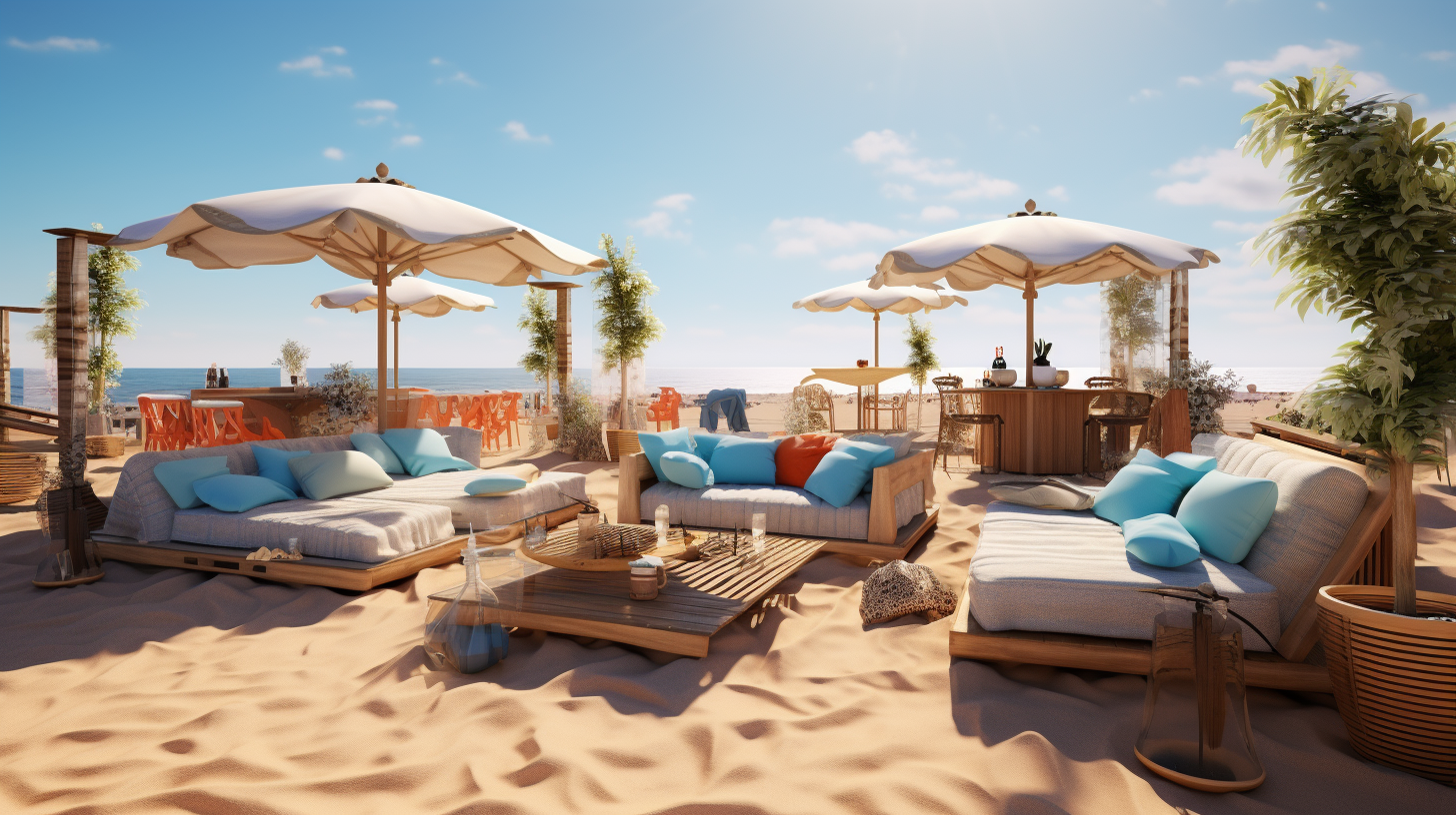 Beach hotel rooftop with sand, bean bag, umbrella, and bar