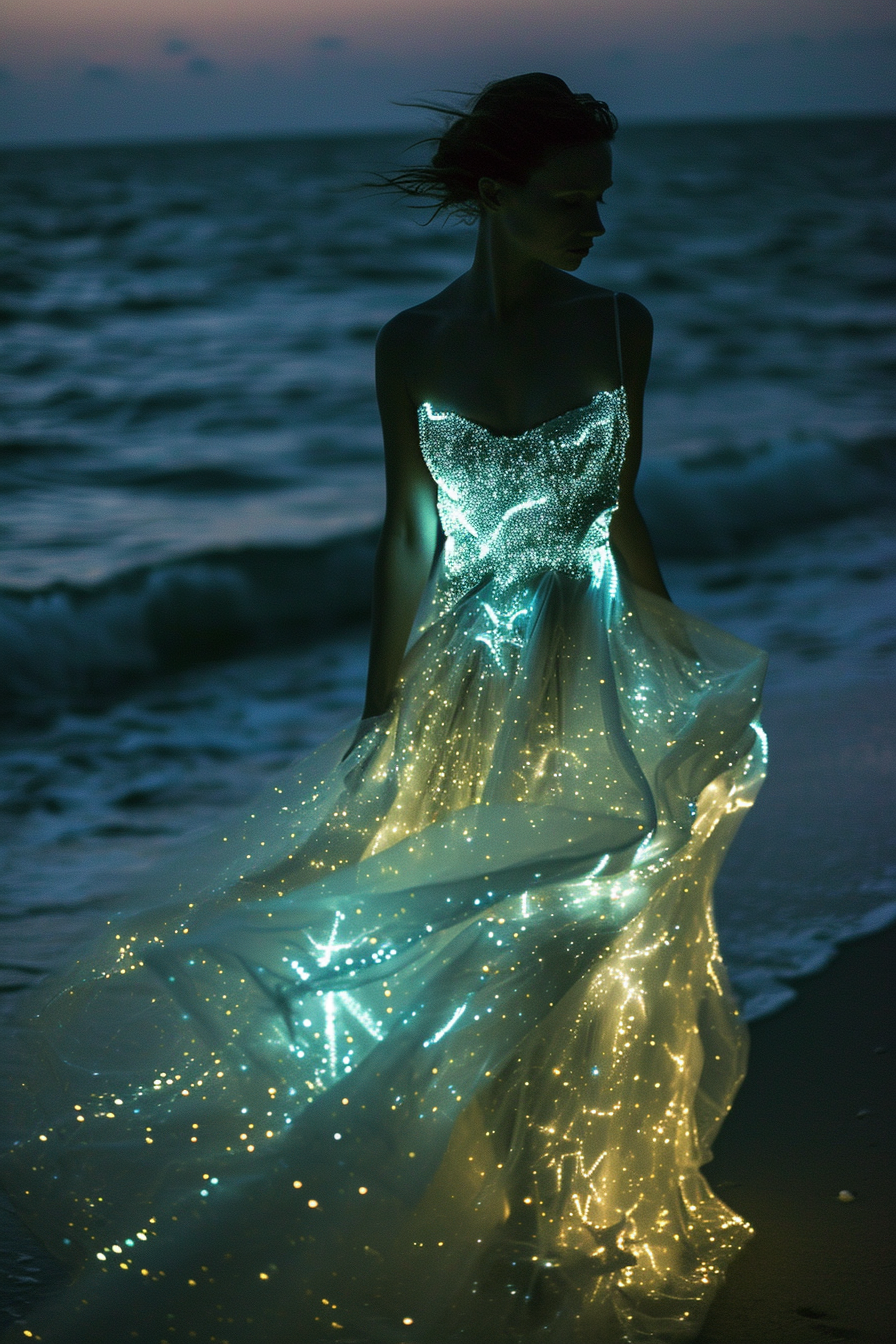 Woman on beach wearing glowing starfish dress