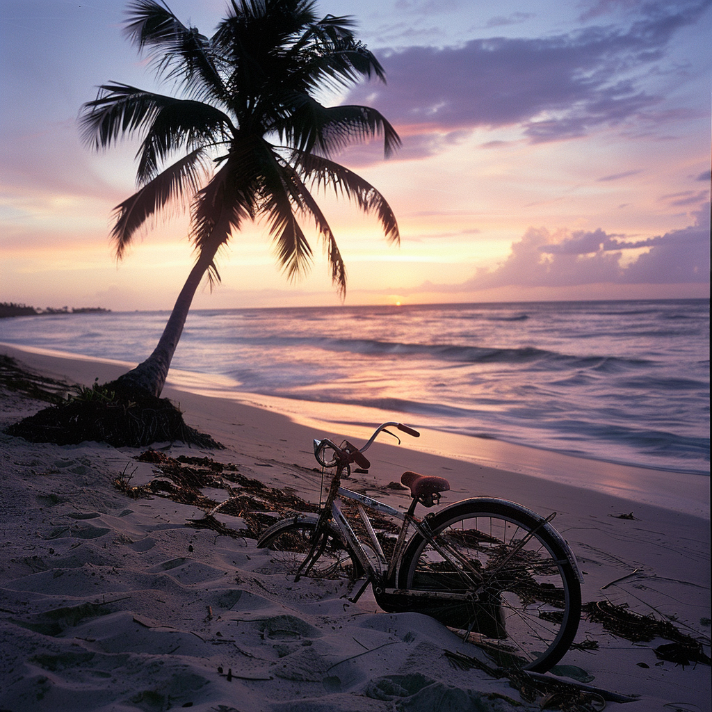 beach palm tree sunset bicycle