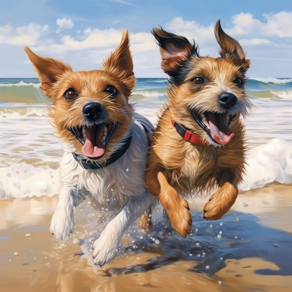 Dogs playing on the beach