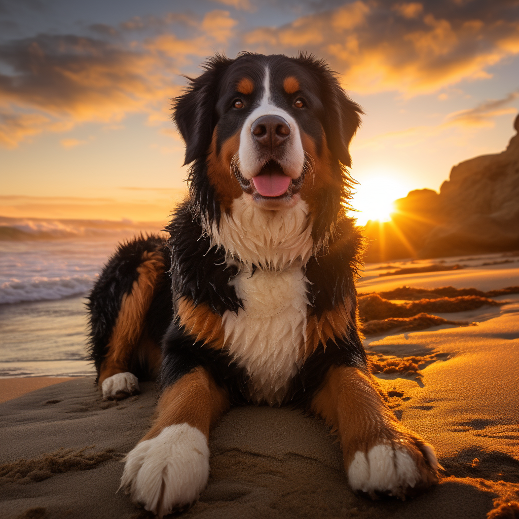 Adorable Berner Mountain Dog on the Beach