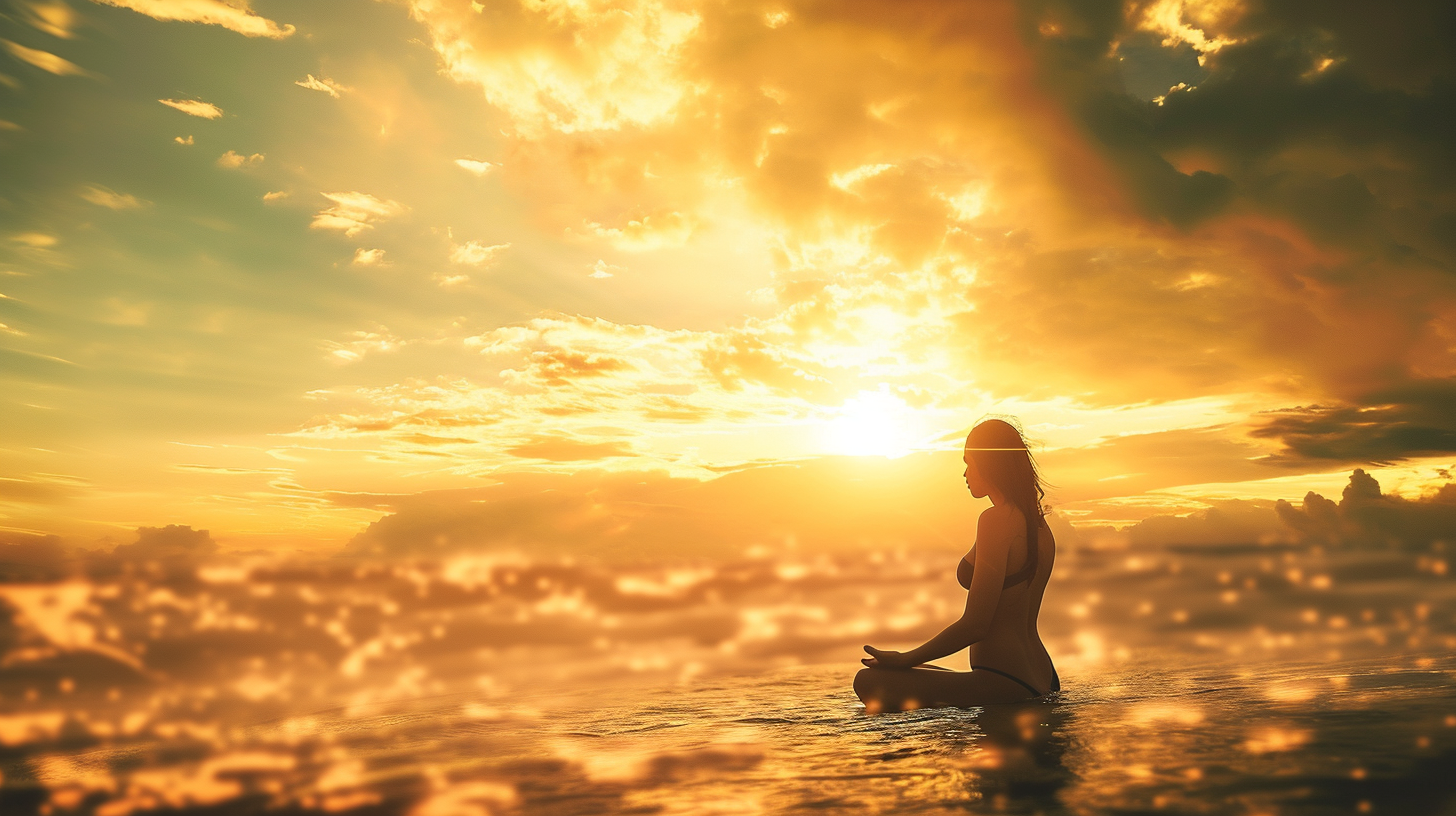 Meditation woman with dreams on beach sunset