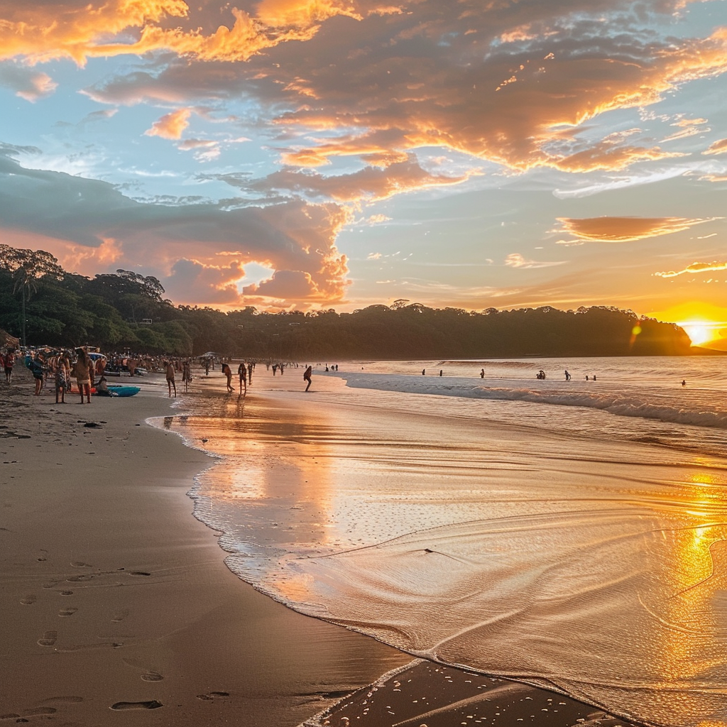 People enjoying beach activities at sunset