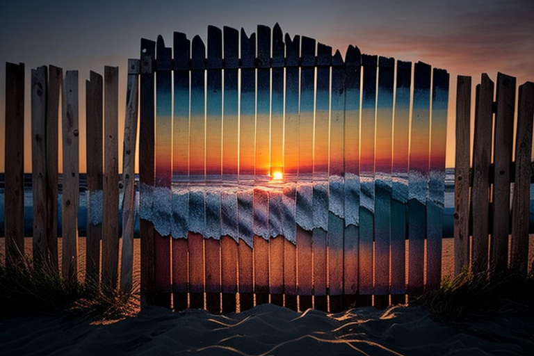 Realistic surfboard fence with stunning beach sunset