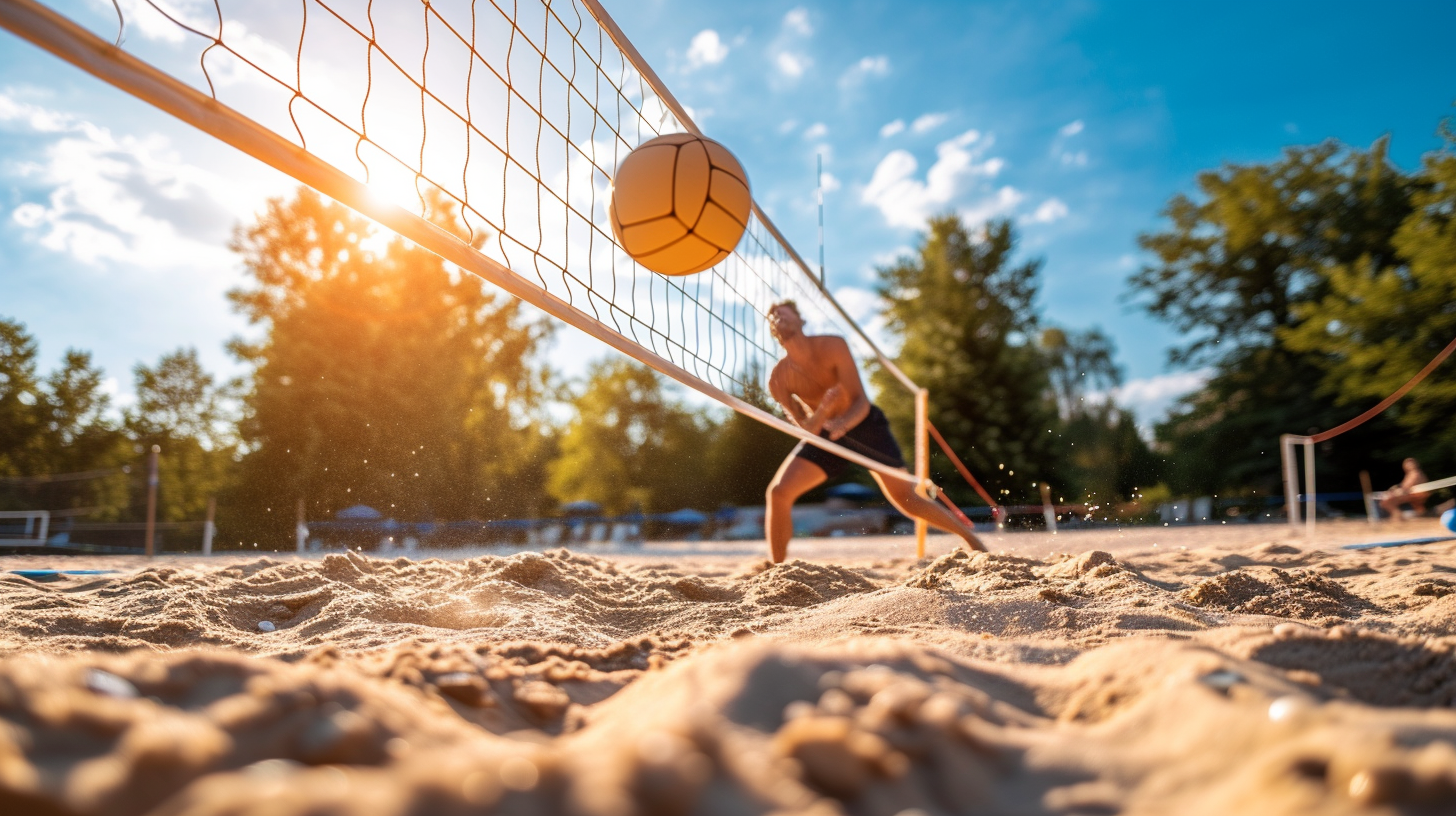 Beach volleyball action shot at sunset