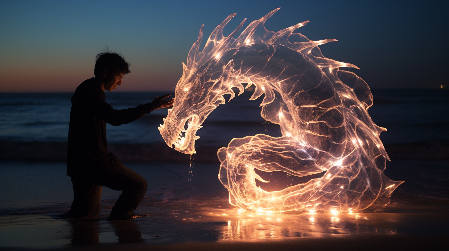 Glowing water dragon on beach at night