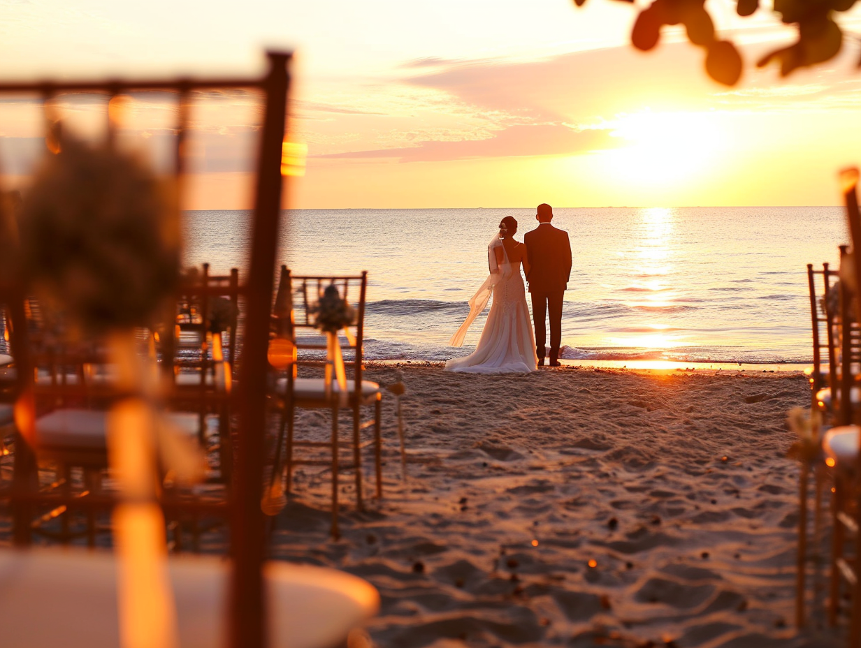 Beach Wedding Sunset with Bride and Groom