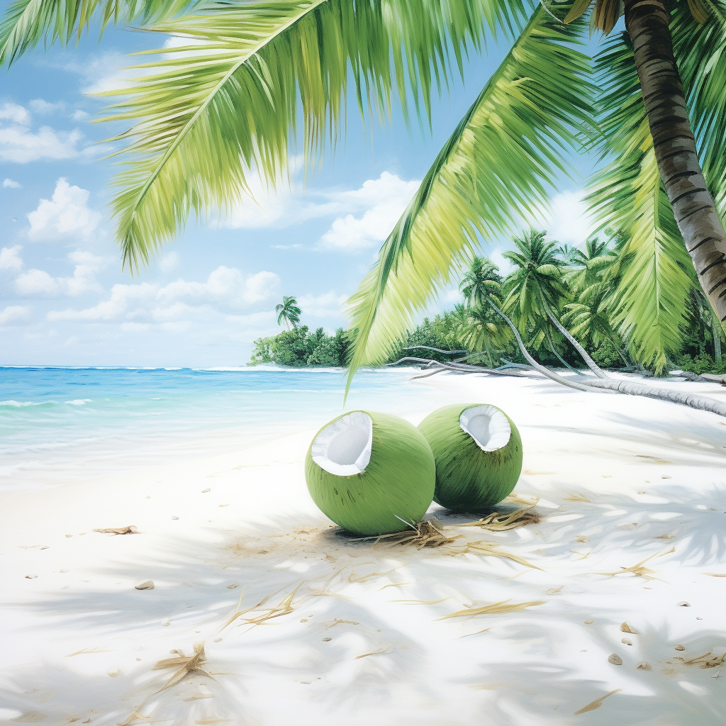 Green Young Coconut on White Beach