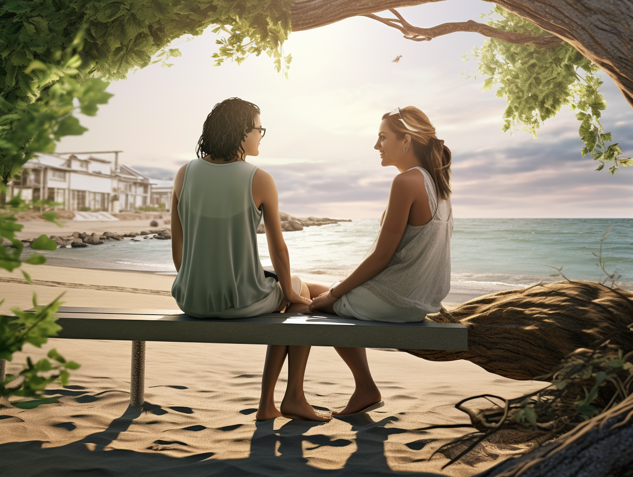 Two young women sharing secrets at the beach