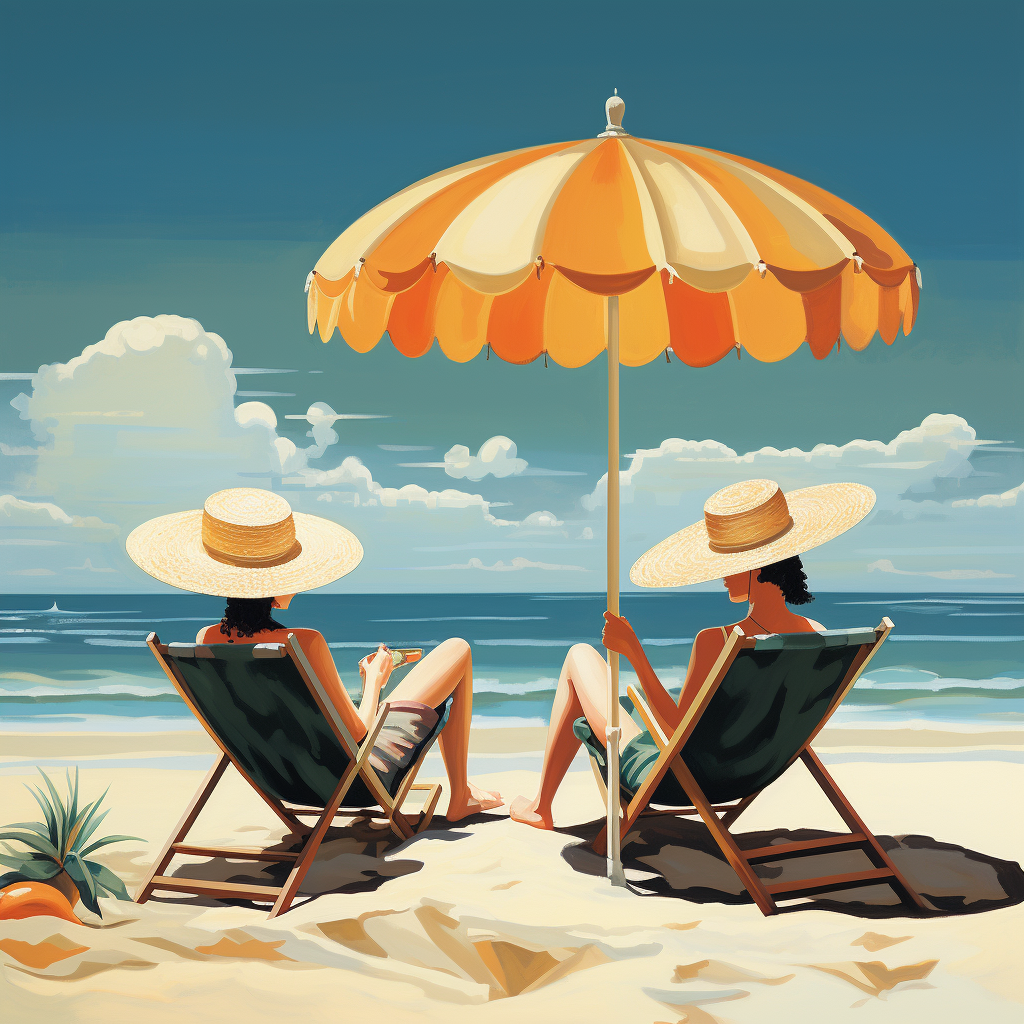 Two Women Enjoying Cocktails on Beach Chairs