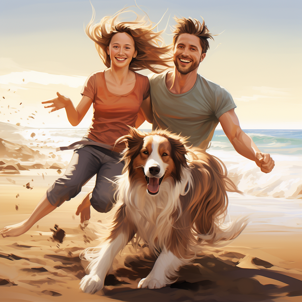 Happy family enjoying beach with their Shetland Sheepdog