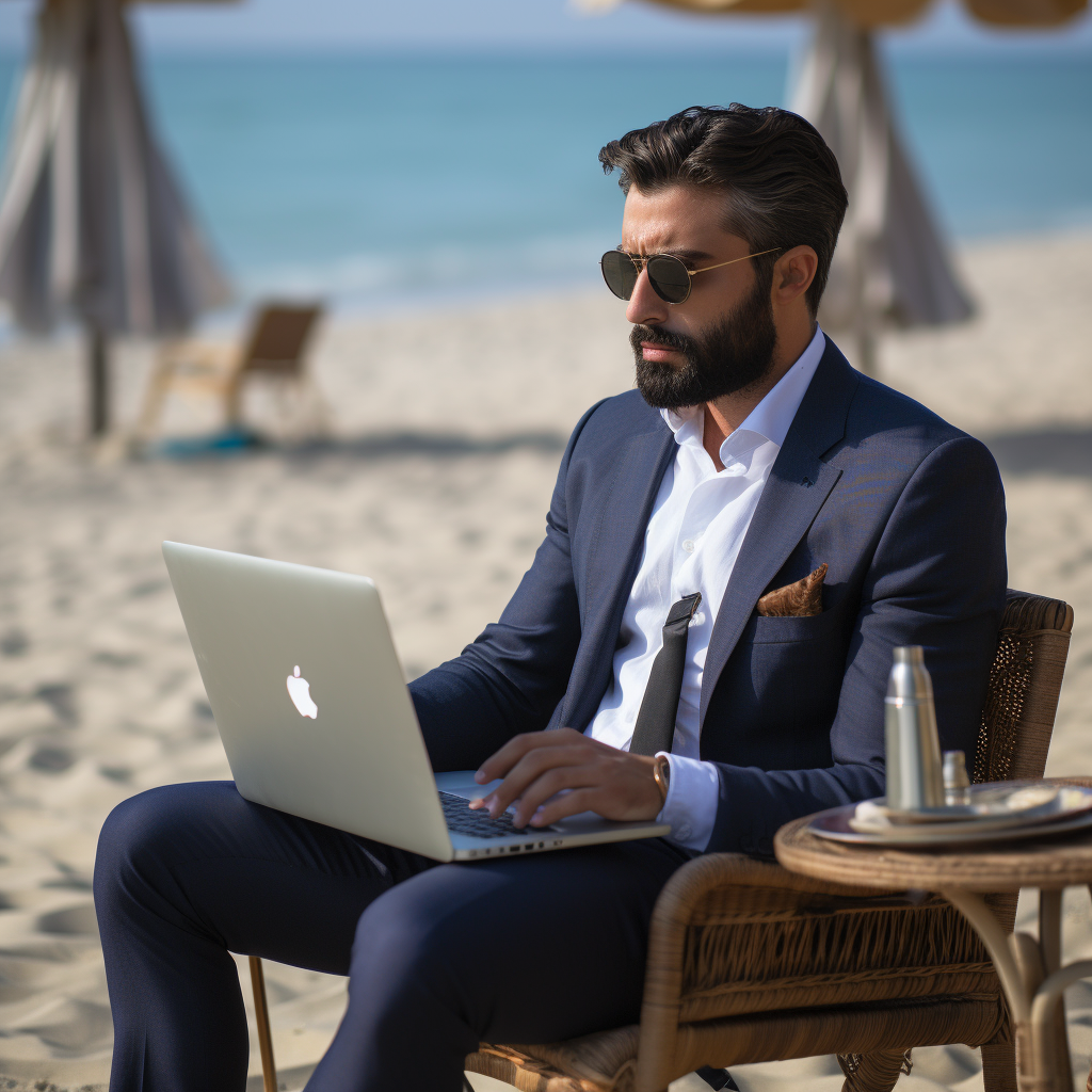 Pakistani entrepreneur working on laptop at beach