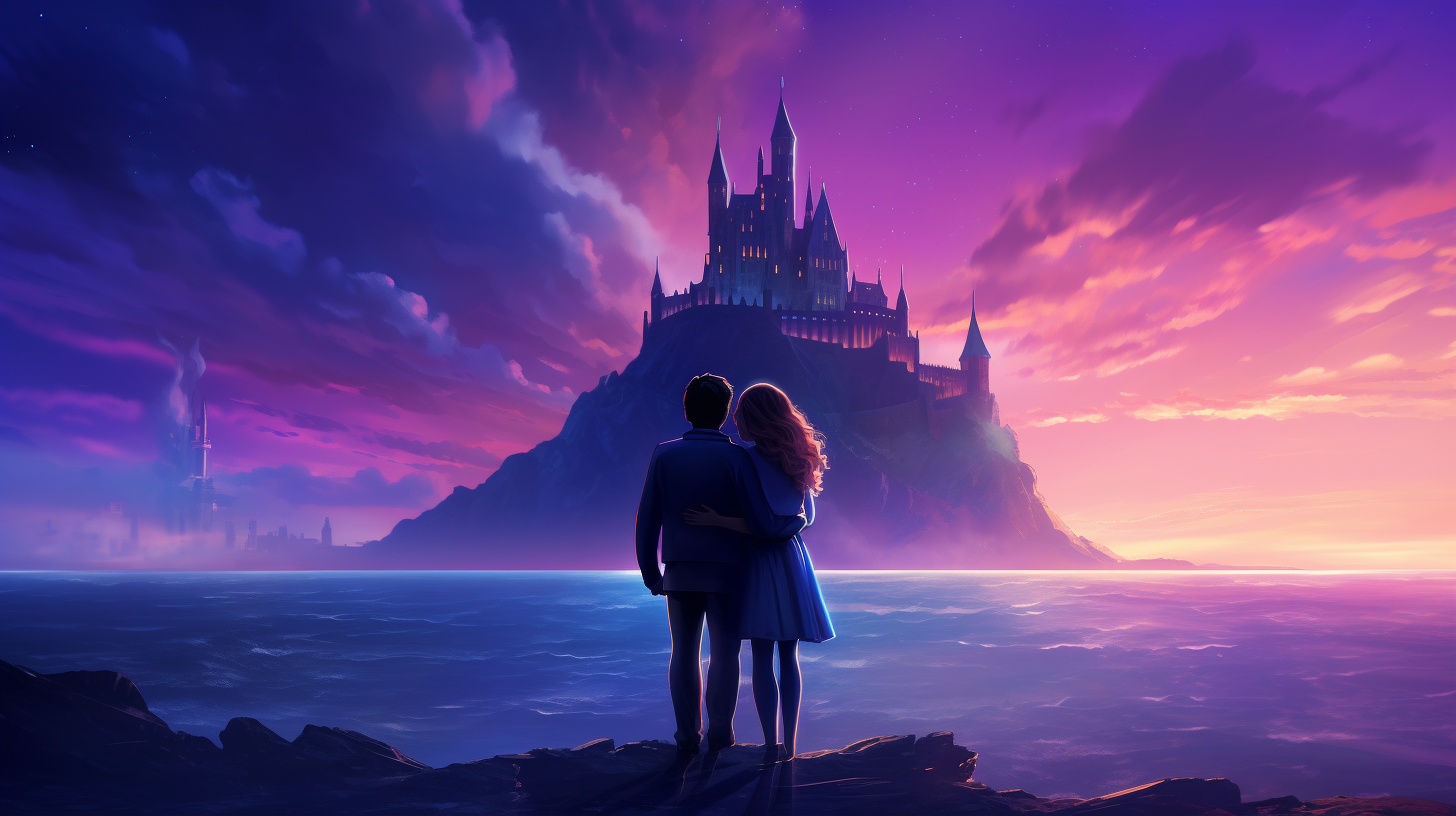 Couple Embracing on Beach with Epic Castle