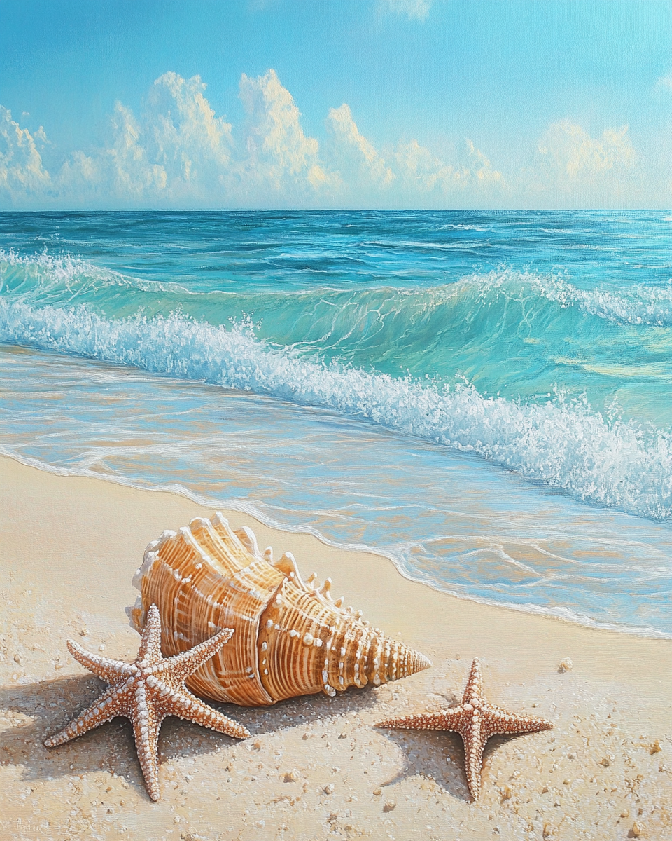 Starfish and Conch Shell on Beach