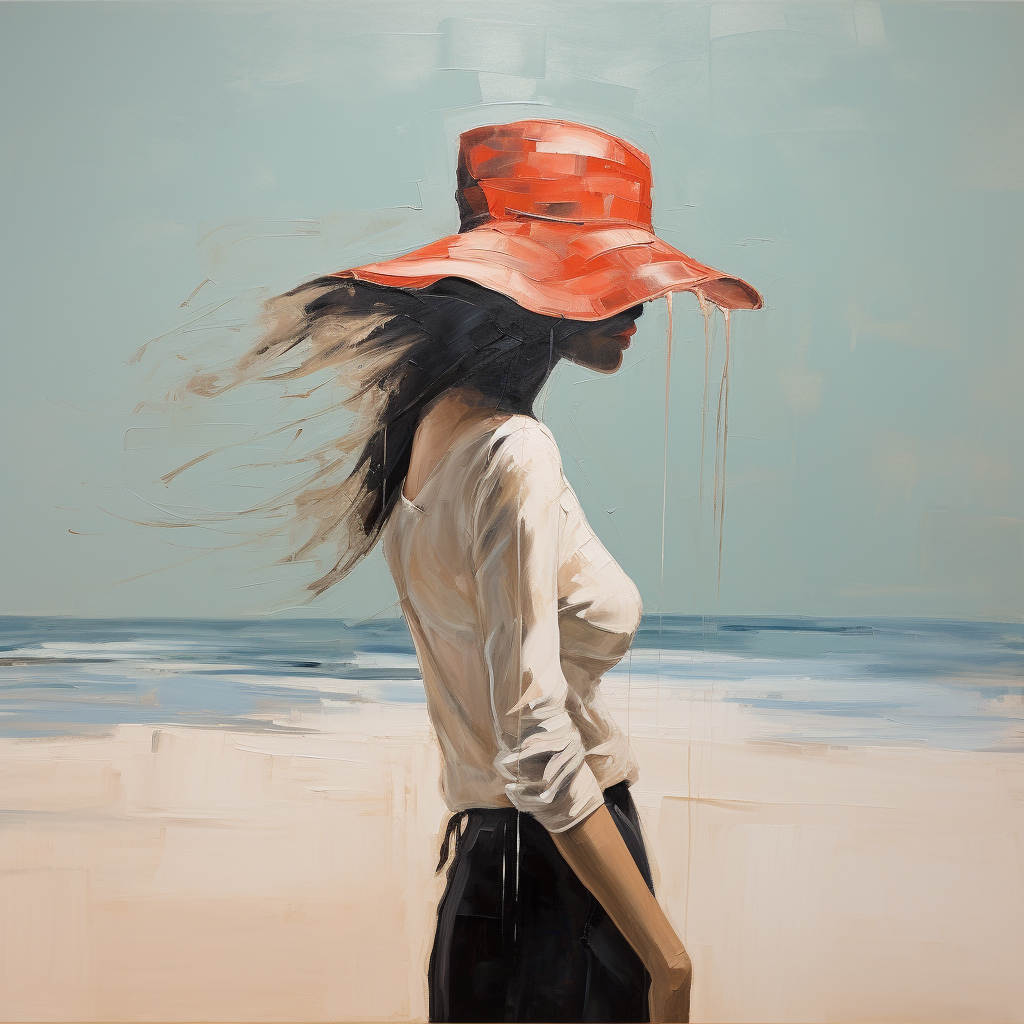 Woman with Beach Straw Hat and Falling Shadows