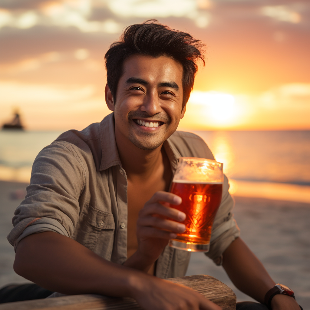 Asian man enjoying beer on beach