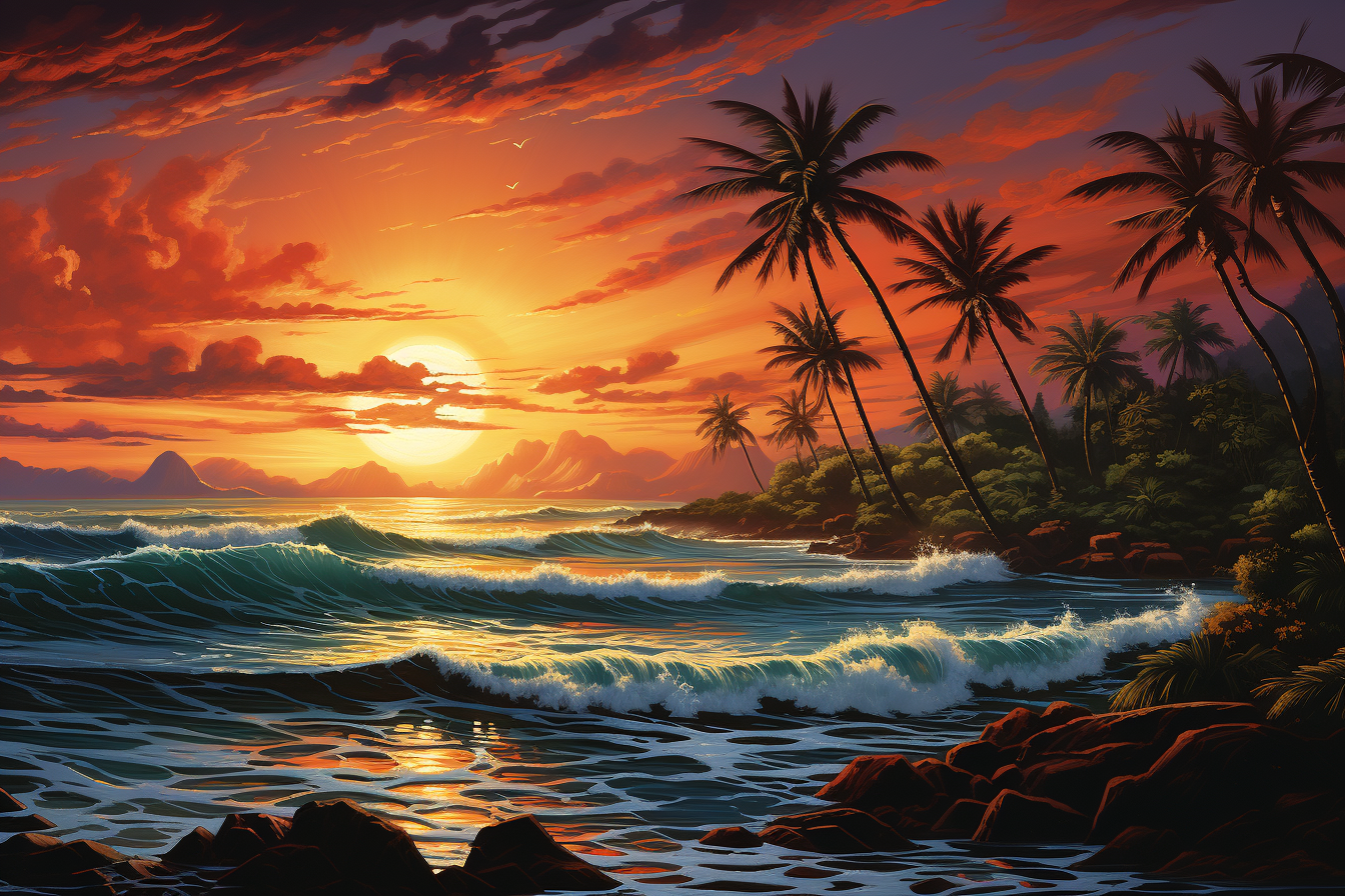 Beautiful beach sunset blacklight painting