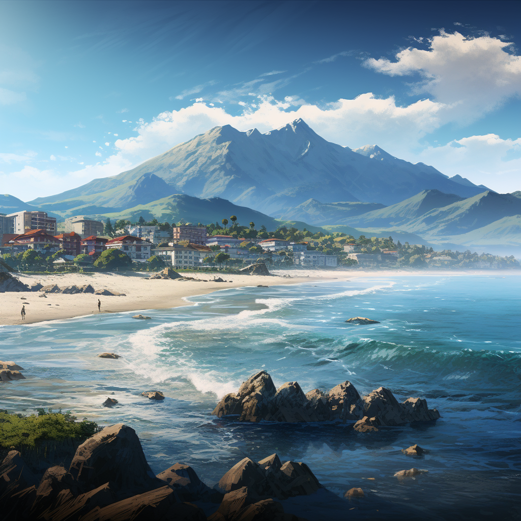 Beautiful beach town with ocean and mountain backdrop