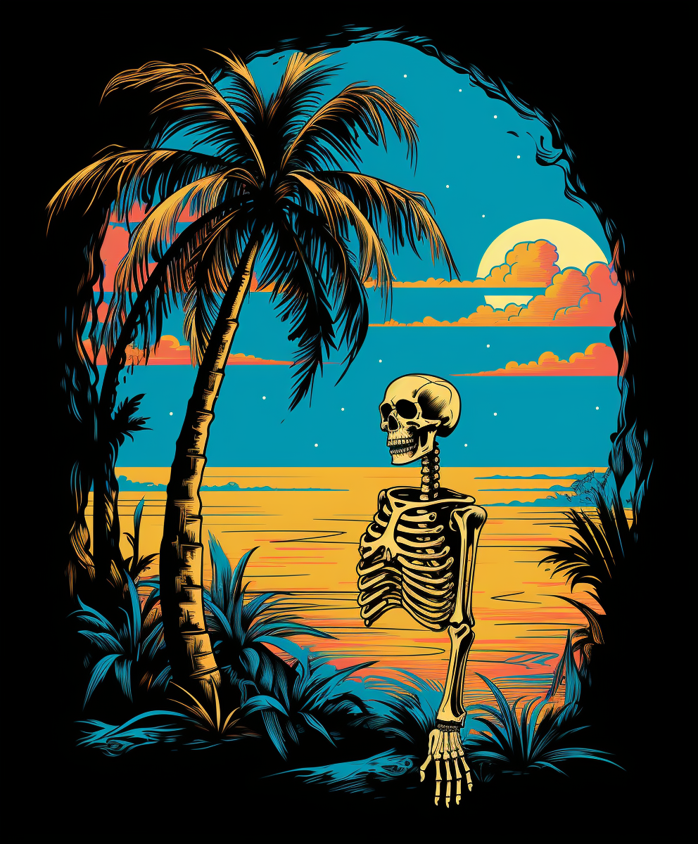 Skeleton on palm tree t-shirt