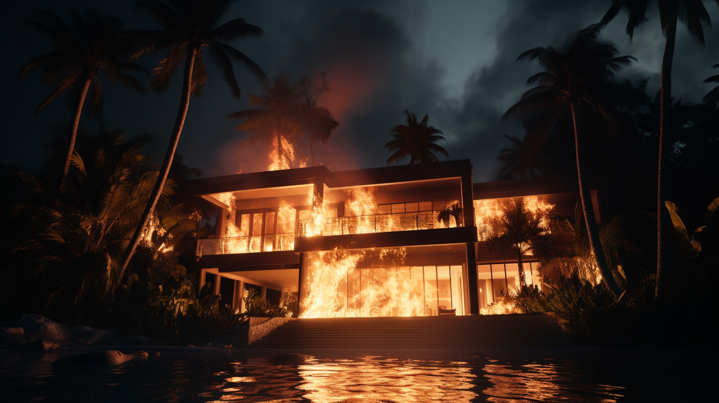 Burning Miami Beachside Mansion at Night