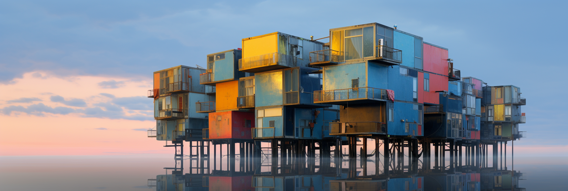 Vibrant coastal sunset architecture