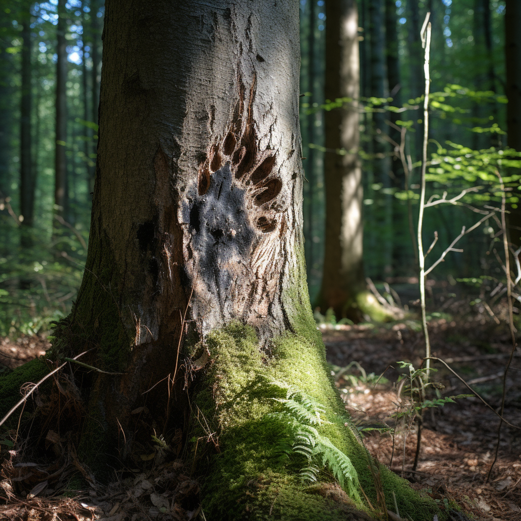 Bear claw scratch on mysterious forest tree