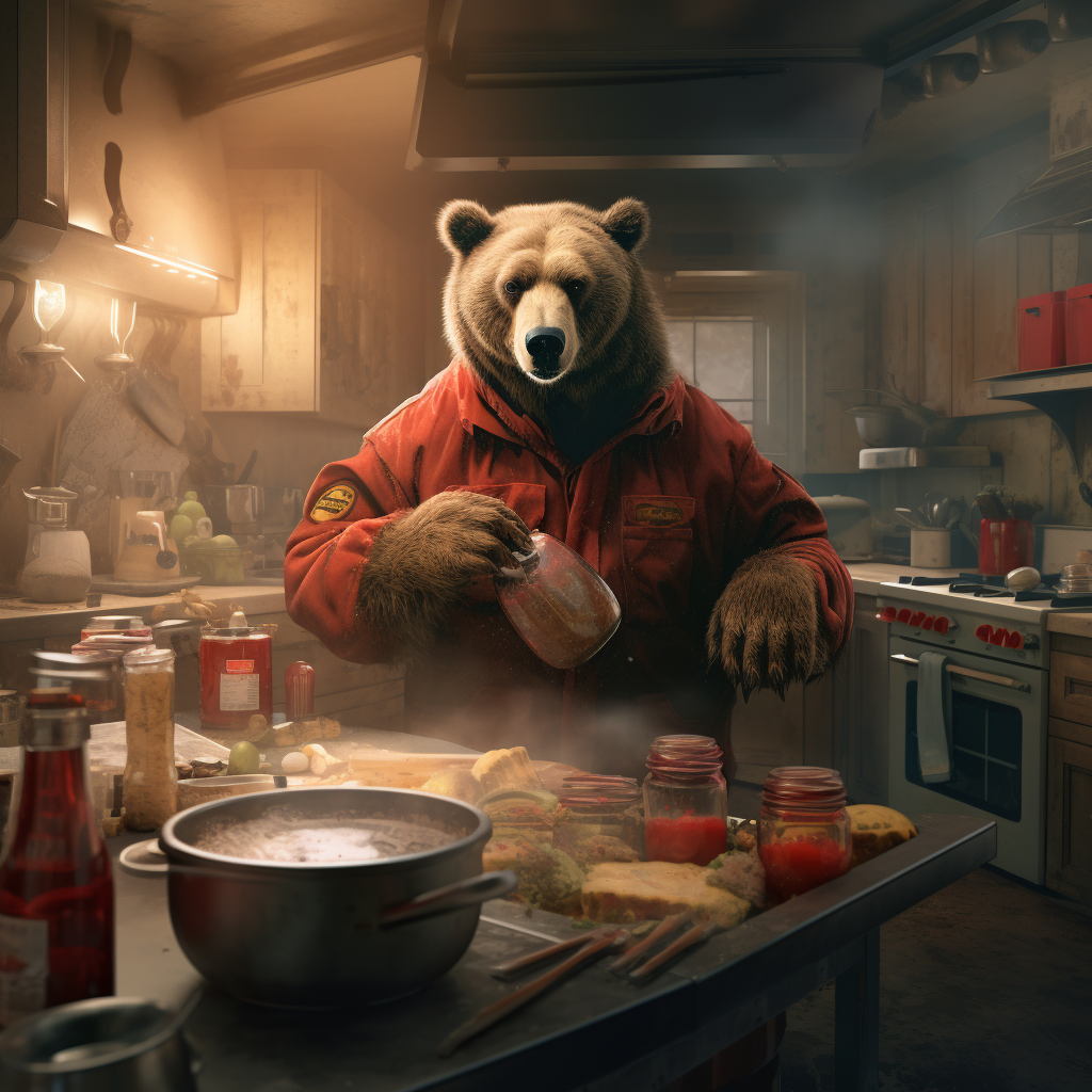 Bear cooking chili in fire station