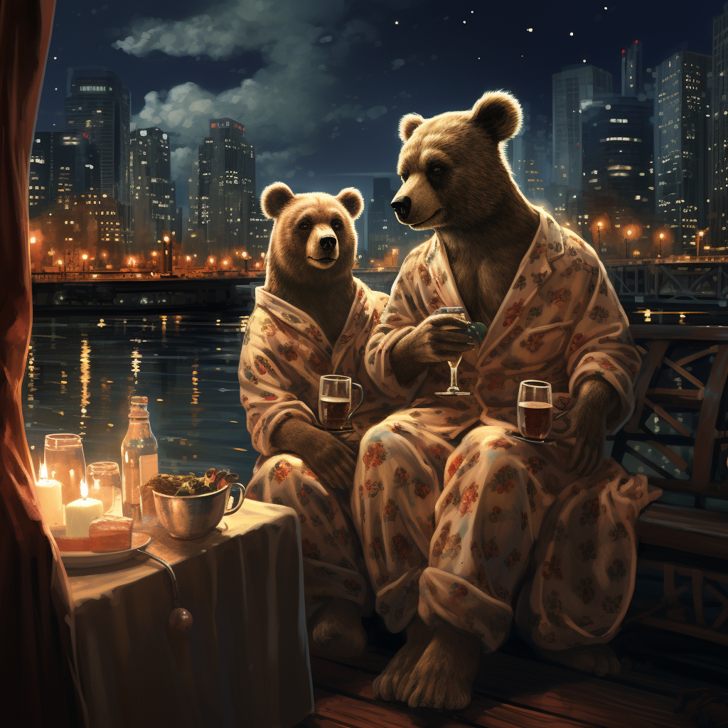 Two people toasting in bear costumes with wine