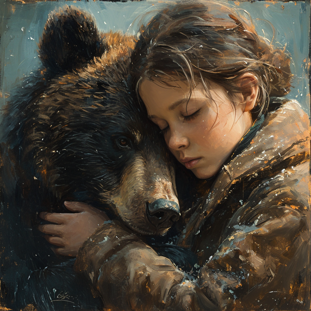 Bear Cub Comforting Girl, Artistic