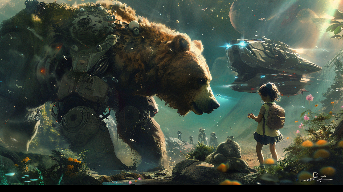 Bear defending girl, monster from outer space