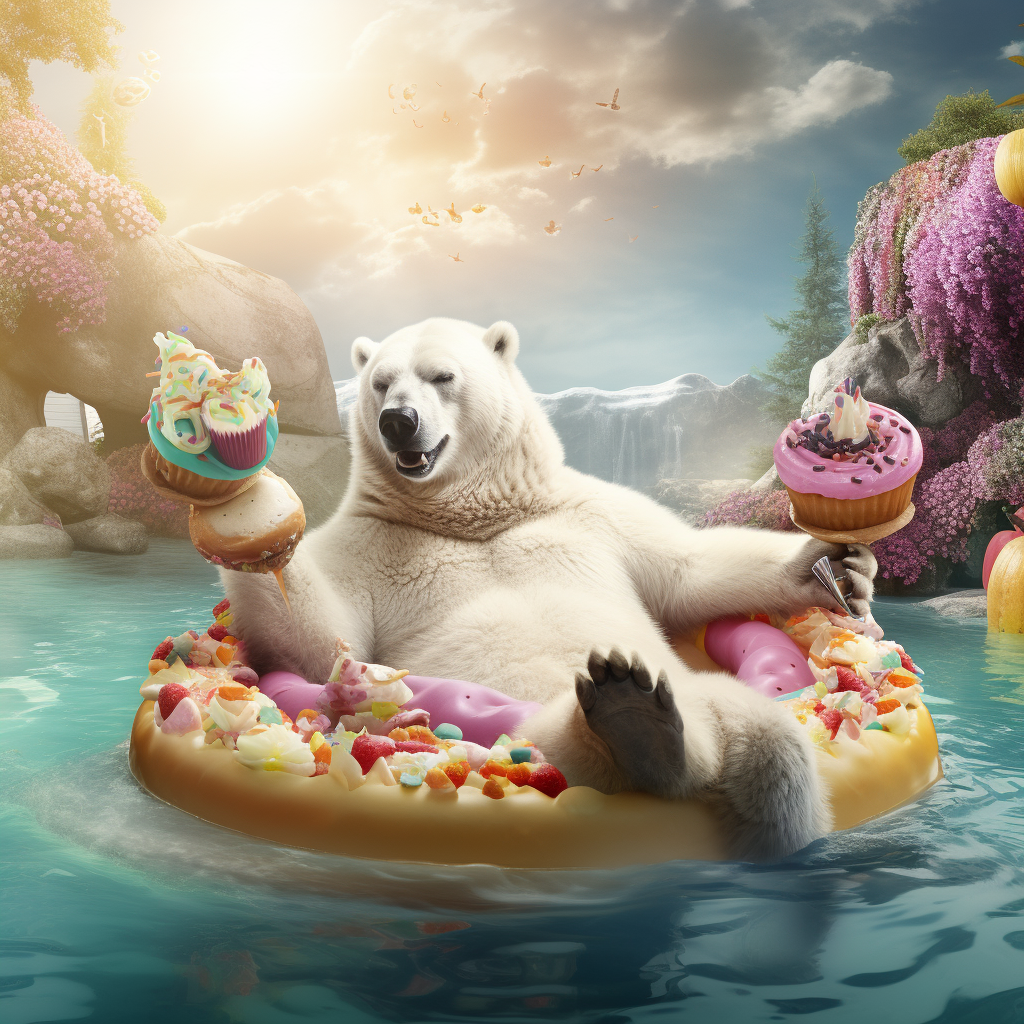 Bear enjoying snacks on unicorn pool floaty