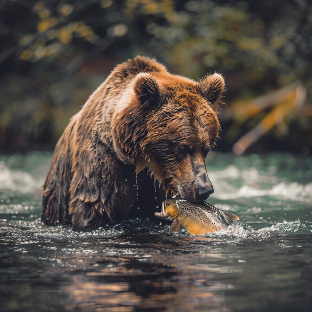 Bear enjoys fresh fish by stream