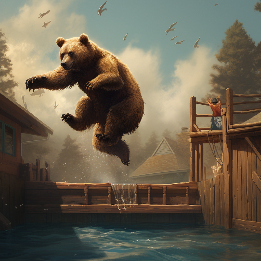 Bear enjoying diving board in swim trunks